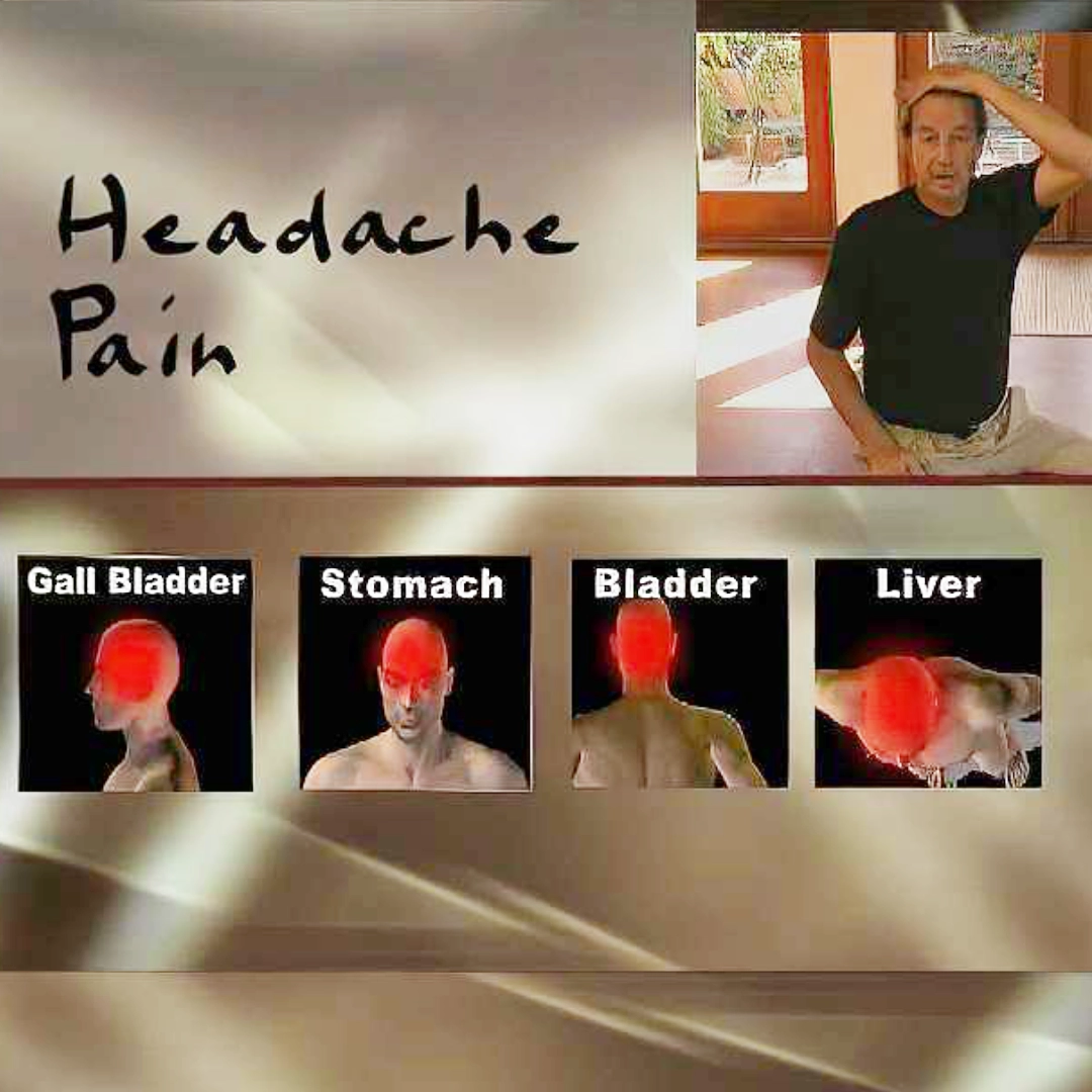 headache pain with the 4 referal patterns related to the various meridians