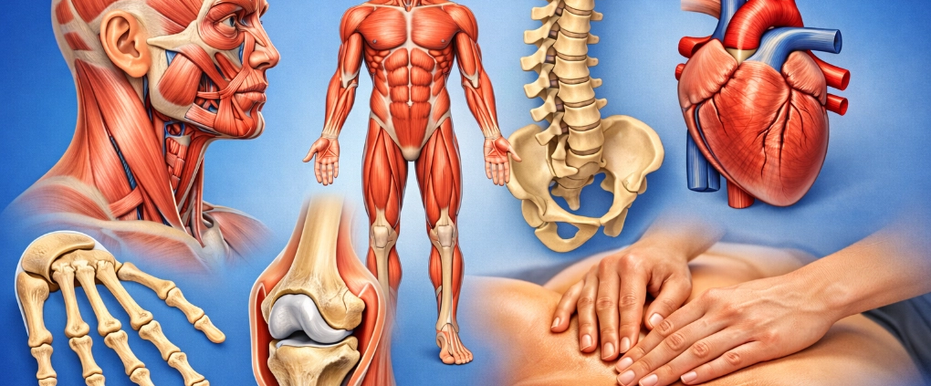 various anatomy images and muscles including giving a back massage
