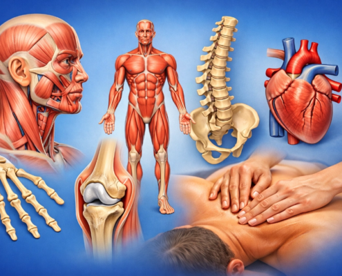 various anatomy images and muscles including giving a back massage