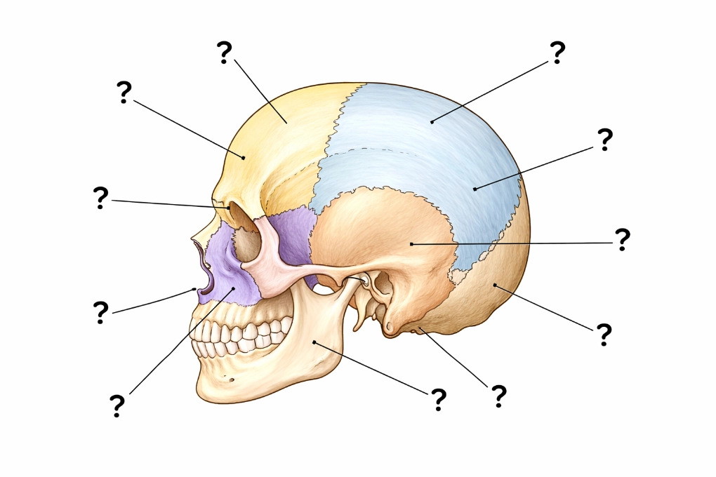 cranial bones with question marks for each area.